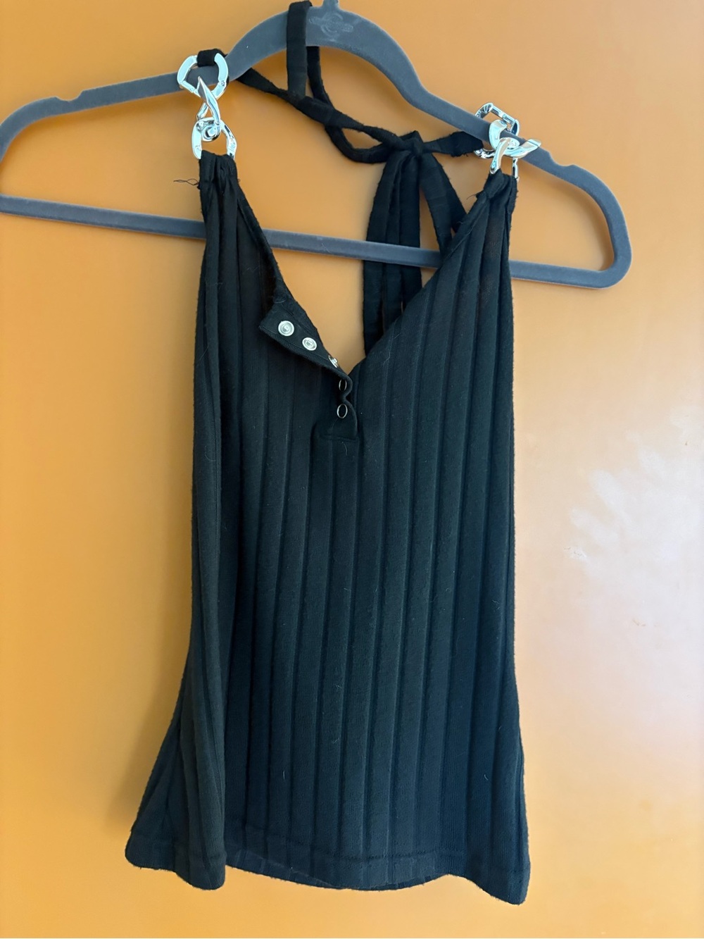 Chicme Black Ribbed Halter Tank with Snap Detail